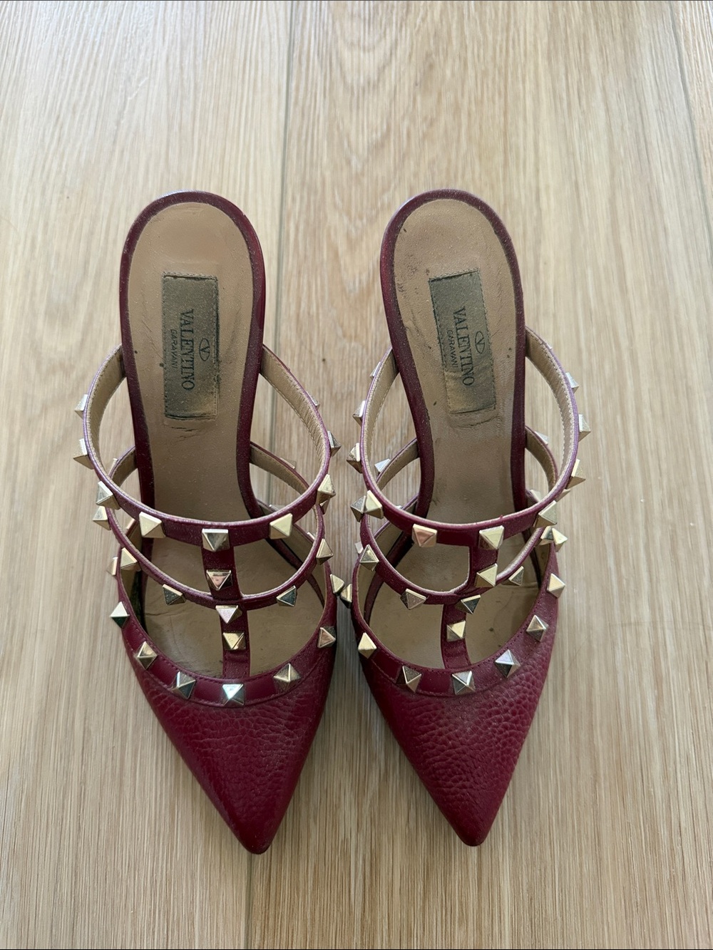 Valentino Berry Red Leather Pointed Rockstud Triple-Strap Mule Heels - Picture 2 of 8
